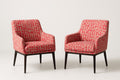 Pair of armchairs in red polyester fabric with a wooden frame