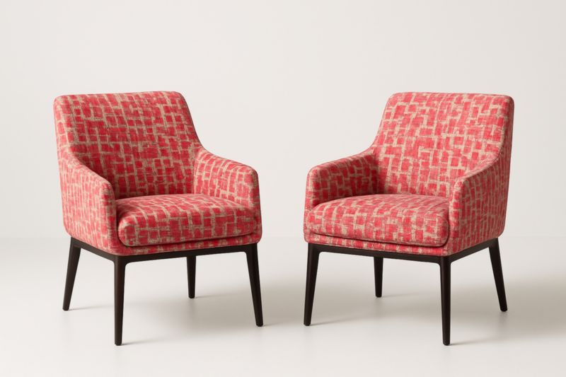 Pair of armchairs in red polyester fabric with a wooden frame
