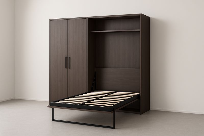 Wooden Murphy bed with integrated storage, 200x160x220 cm, Brown