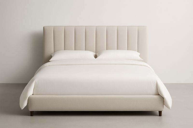 Beige Fabric Bed with Upholstered Headboard