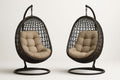 Hanging rattan chair with beige cushions