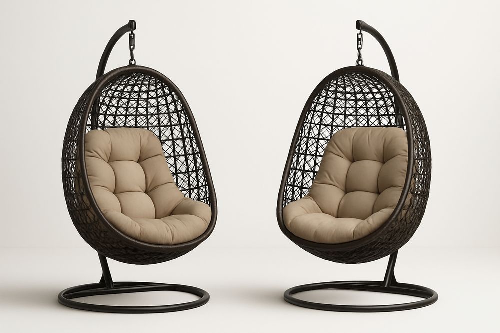 Hanging rattan chair with beige cushions