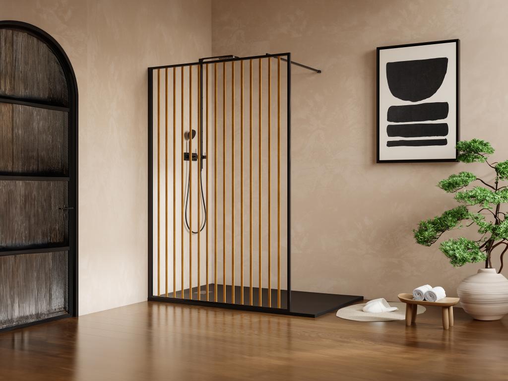 Walk-in shower enclosure in aluminum - Wood effect and matte black - 120 x 200 cm - Homeepure
