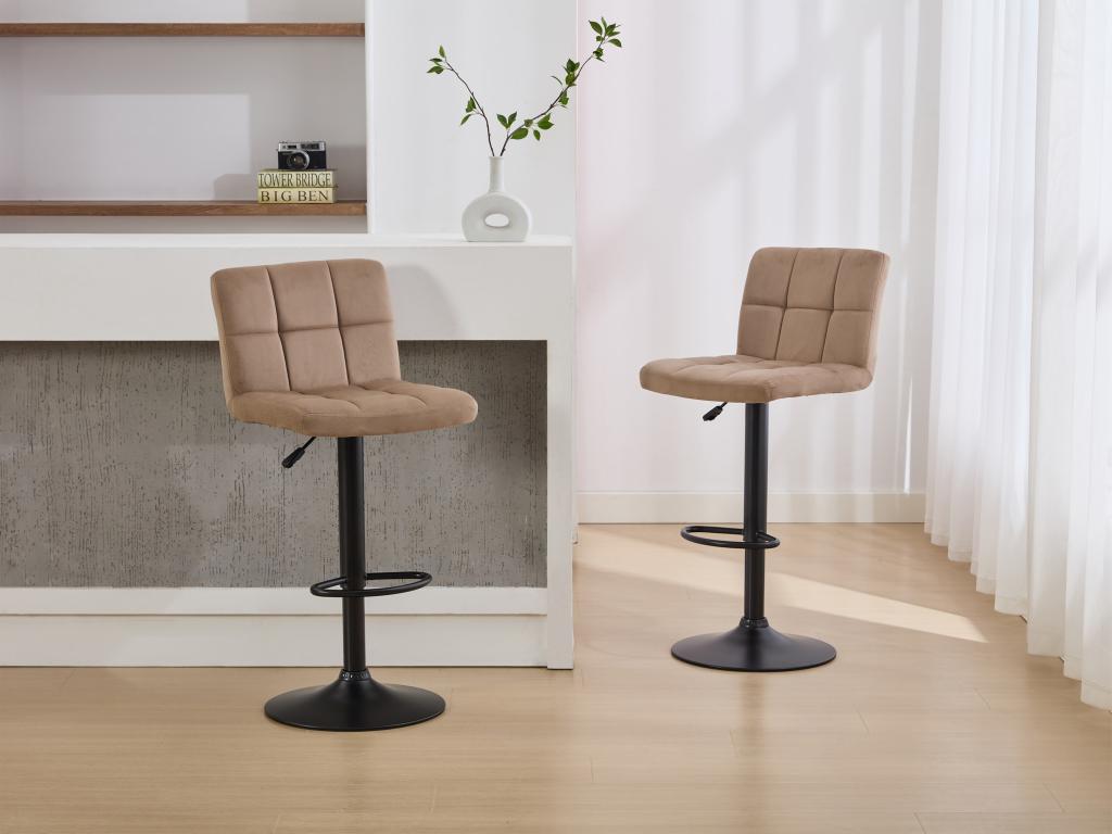 Set of 2 velvet and metal bar stools - Adjustable height - Beige - Decoessentielle