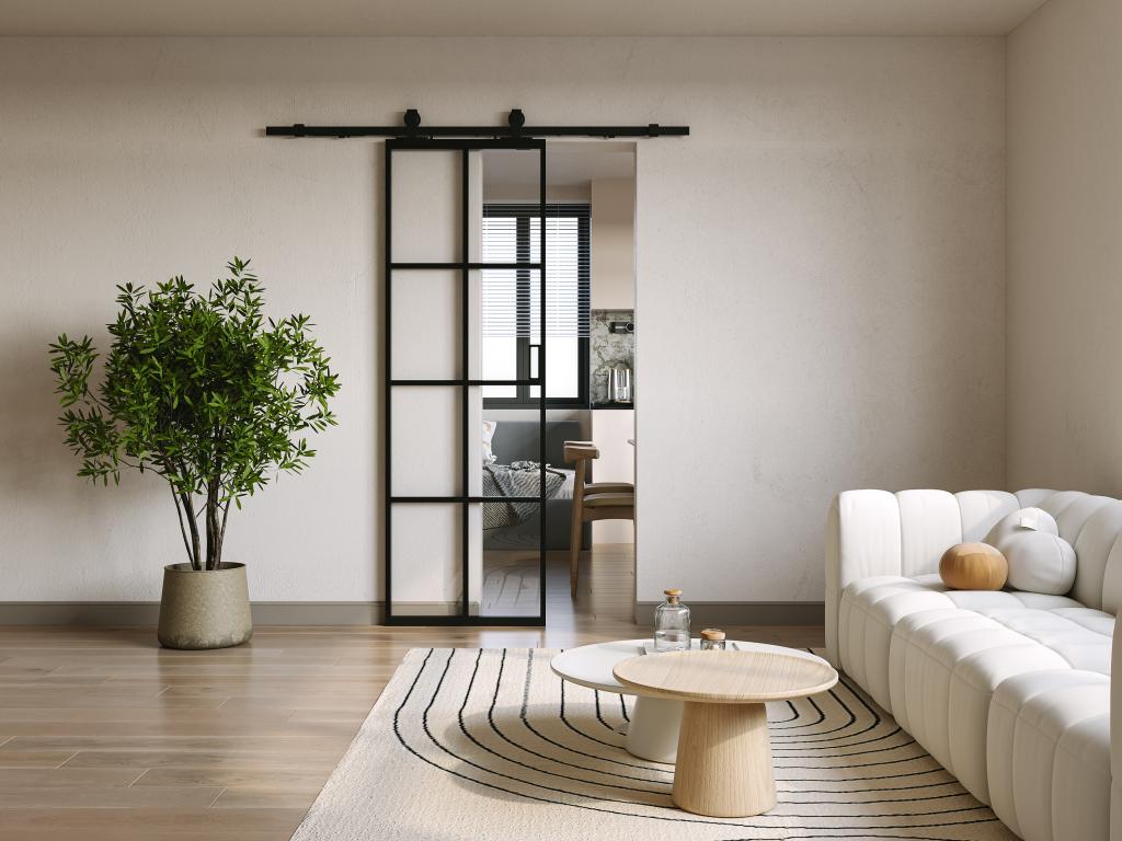 Sliding door with surface-mounted system - aluminum and tempered glass - H205 x W83 cm - Decoauthentic II 