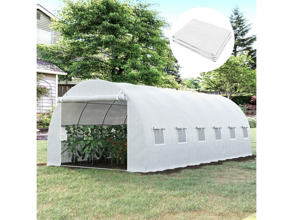 Replacement cover for 18 m² tunnel greenhouse, dimensions 6m x 3m x 2m, waterproof UV-resistant PE, 12 windows + zipped roll-up door, white