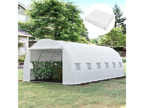 Replacement cover for 18 m² tunnel greenhouse, dimensions 6m x 3m x 2m, waterproof UV-resistant PE, 12 windows + zipped roll-up door, white