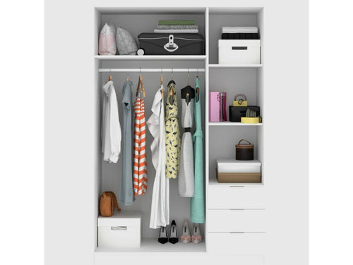 Homeolia Wardrobe with Clothes Hanger for Bedroom, Wardrobe with 3 Hinged Doors and 3 Drawers, 121x52x184 cm, White