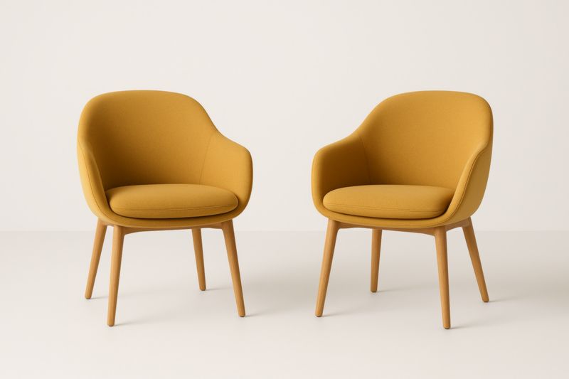 Set of 2 armchairs in yellow polyester fabric with wooden legs