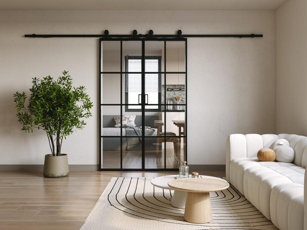 Double sliding door with surface-mounted system - aluminum and tempered glass - 2 x H205 x W93 cm - Decoauthentic II 
