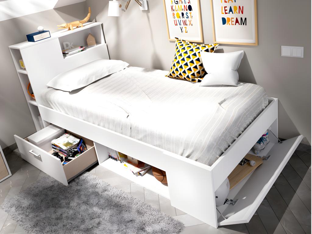 Bed with headboard, storage and drawer - 90x190 cm - White - Zenmobilier