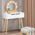 Horia Scandinavian Dressing Table with 2 Drawers, Wood and White, with LED Mirror