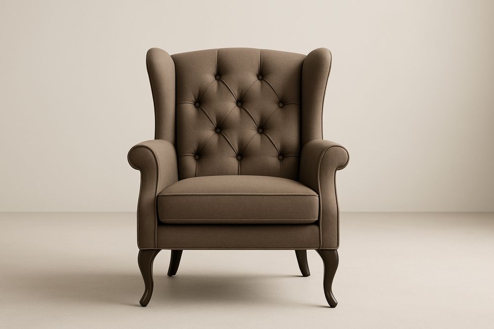 Brown fabric armchair with solid wood frame and cushions
