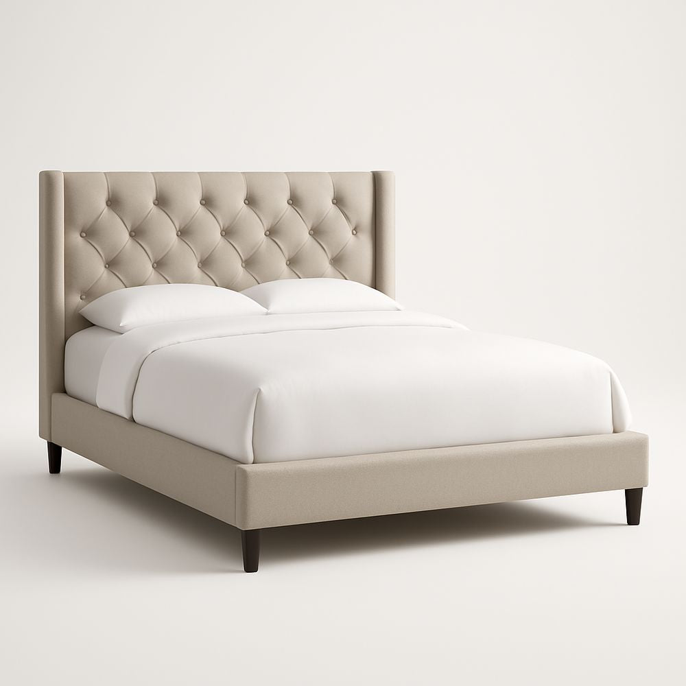 Upholstered bed in beige linen fabric, 160x200 cm