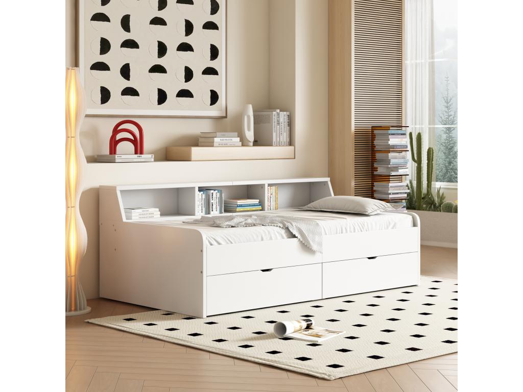 Children's bed 90x200 cm with 2 drawers and storage shelves, pine wood and white MDF