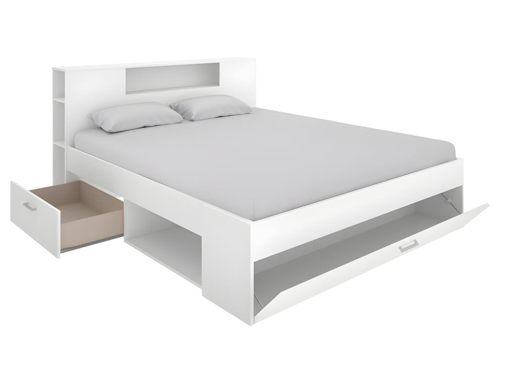 Bed with headboard, storage and drawers - 140x190 cm - White - Decochicmeu