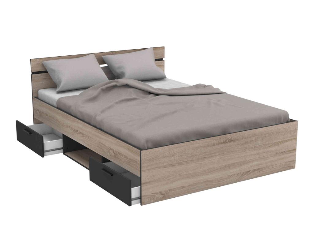 140x190 bed in brushed oak and black wood - LI171
