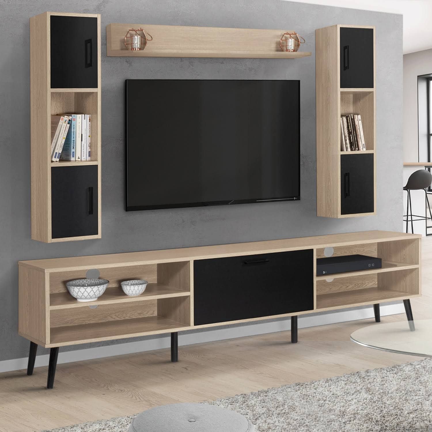 idmarket Houston 180cm TV unit and shelves set in wood