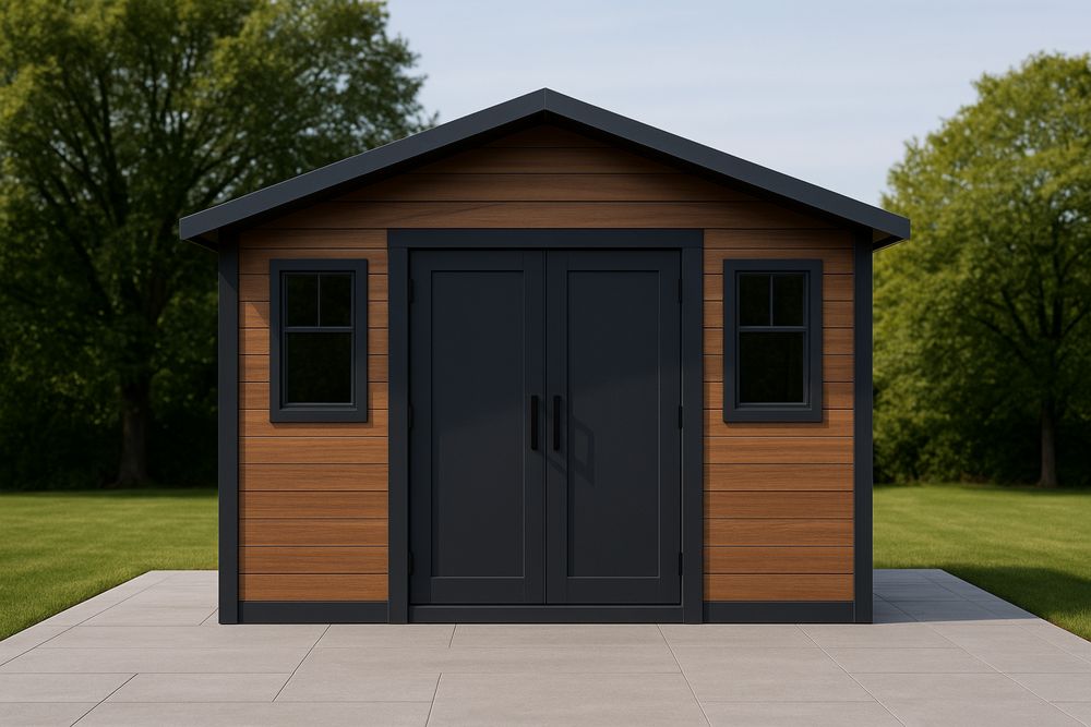 Solid wood and steel garden shed, brown/black, 300×250×230 cm