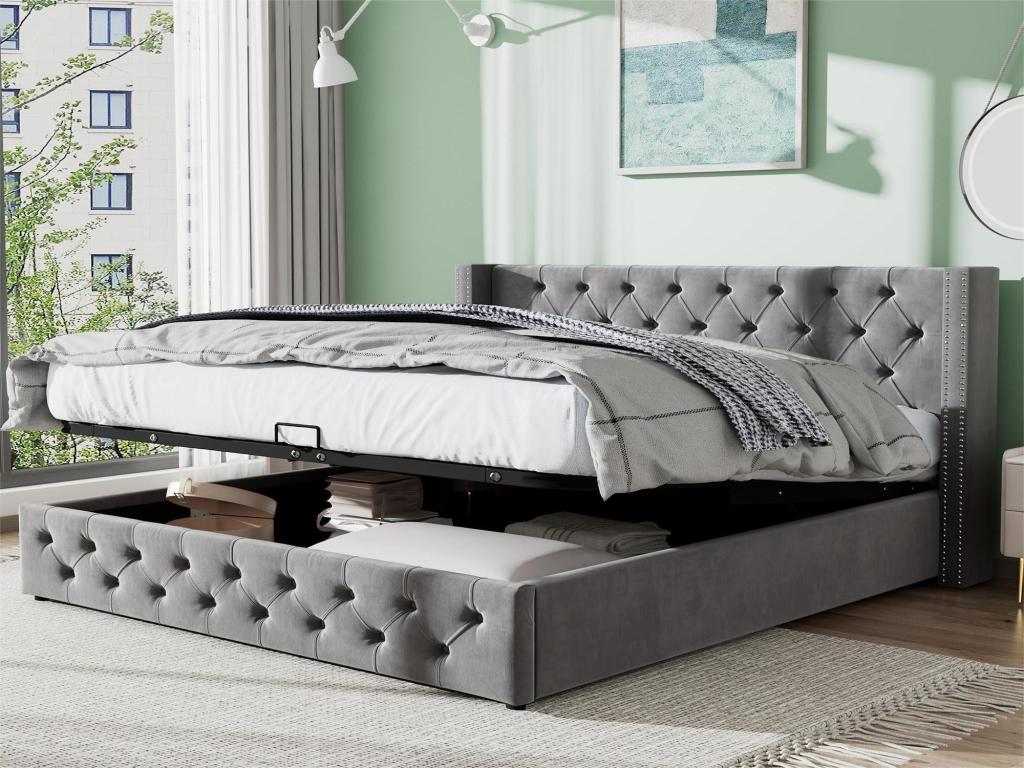 140x190cm velvet storage bed with slatted base - Grey