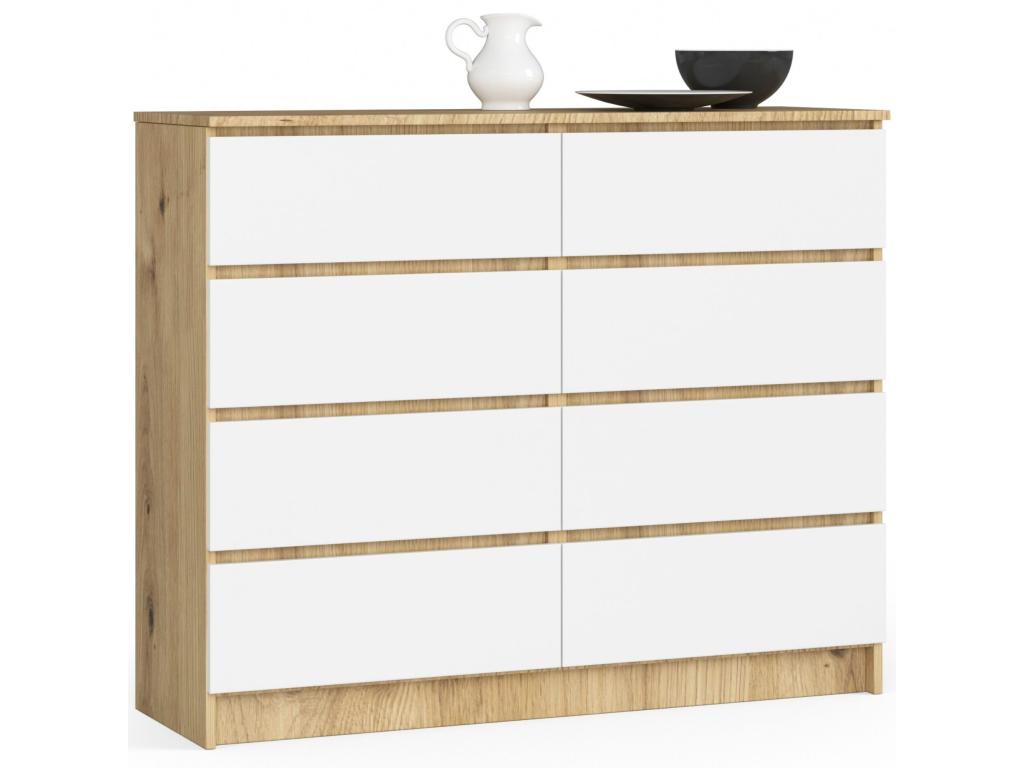 Decoinspi K120 Oak Chest of Drawers, 120 cm, 8 Drawers, White Front, 120*40*99 cm