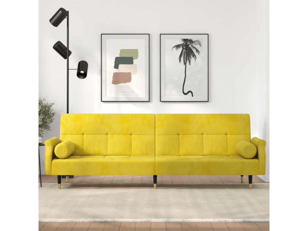 Sofa bed with yellow velvet cushions