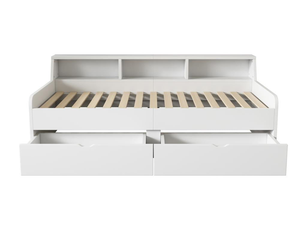 Children's bed 90x200 cm with 2 drawers and storage shelves, pine wood and white MDF