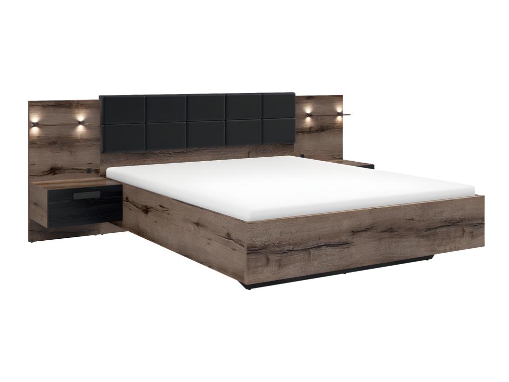 160x200 bed, bedside table with LED lighting and USB port included, Romane Wood
