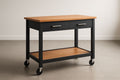 Rolling kitchen trolley in solid pine wood and black/natural steel