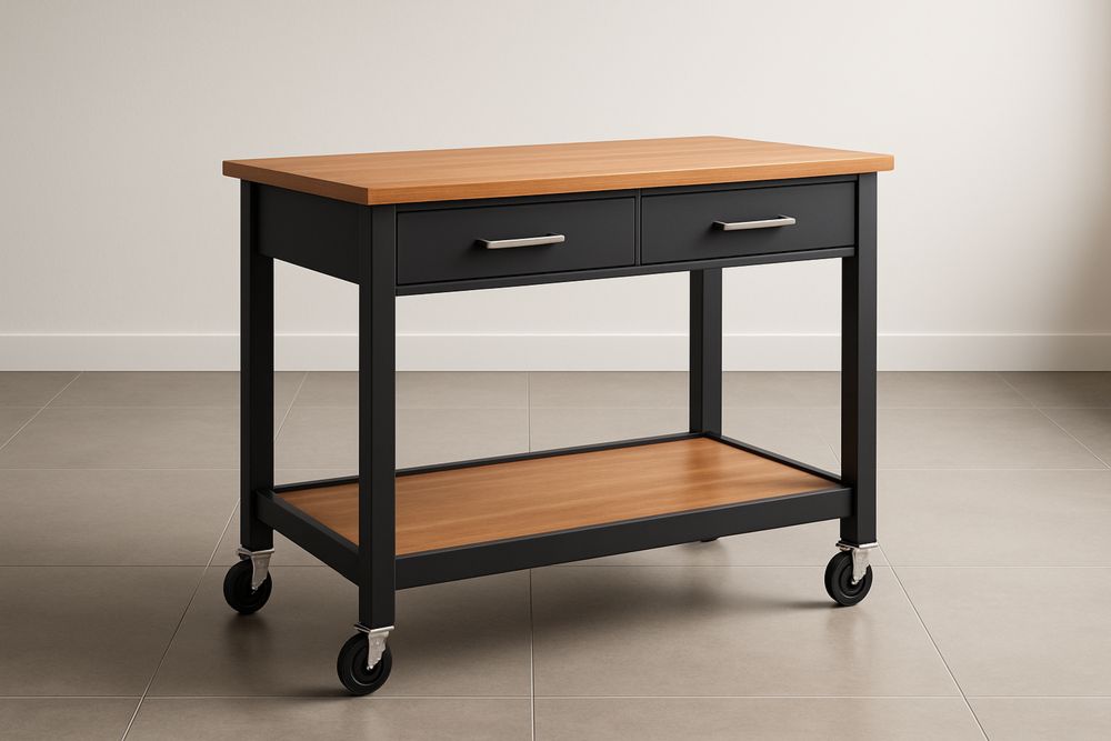 Rolling kitchen trolley in solid pine wood and black/natural steel