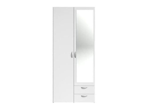 Decoessentielle Wardrobe - White Finish - 2 Hinged Doors, 1 Mirror, 2 Drawers - W 81 x H 185 x D 51 cm - Decoessentielle