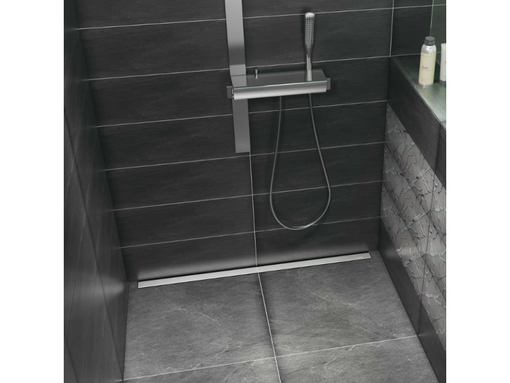 Reposhome Neo 120x100 cm tileable shower tray with horizontal drain, 70 cm finishing strip, and 320 mm adhesive.