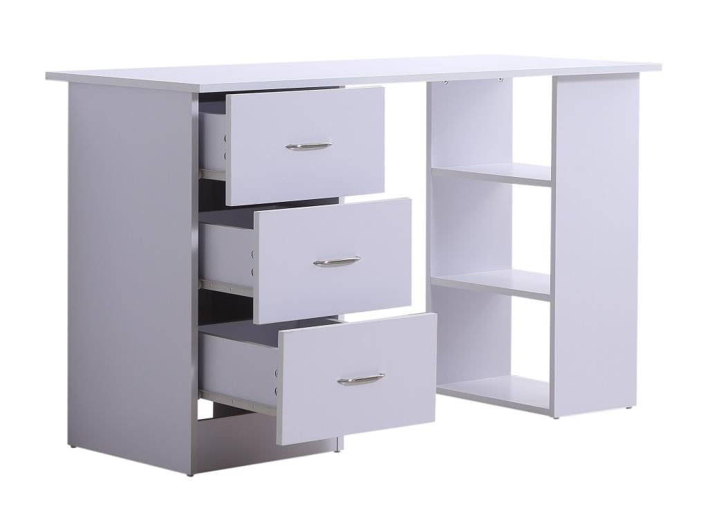 Computer desk, multi-functional table with 3 drawers and 2 shelves, dimensions: 120L x 49W x 72H cm, white MDF