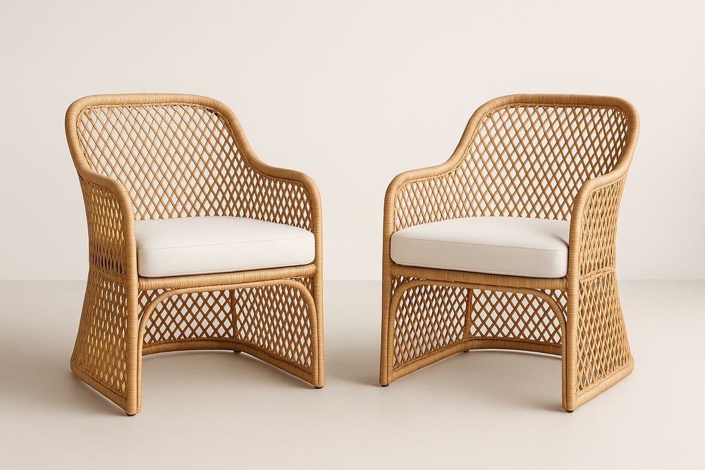 Pair of synthetic rattan armchairs with beige cushions