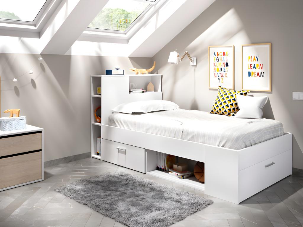 Bed with headboard, storage and drawer - 90x190 cm - White - Zenmobilier