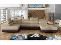 Panoramic sofa bed in light beige mottled fabric and brown faux leather with storage compartment, 345cm - Storage compartment on the left