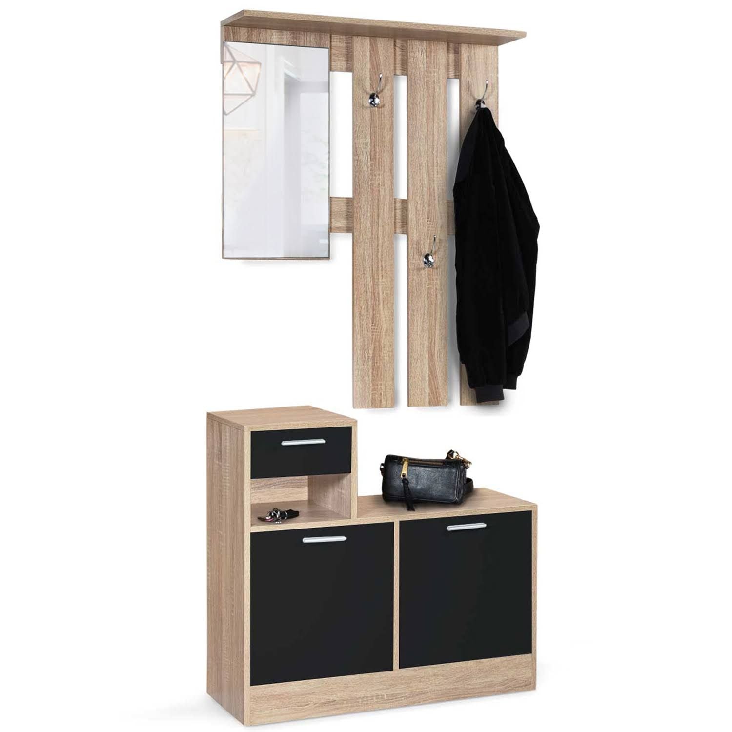 Paulin Design Beech Entryway Coat Rack with Mirror and Black Doors