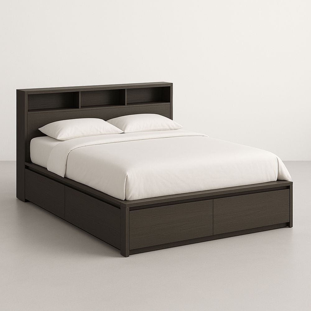 Wooden Bed with Storage and Black Bookshelf Headboard 200x160 cm