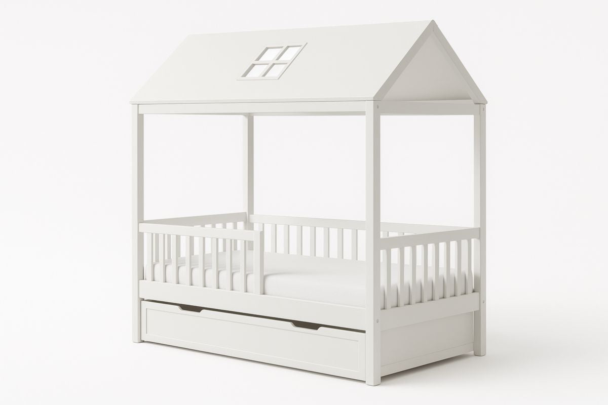 White wooden cabin bed for children with storage drawer
