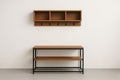 Wood and metal entryway set with shelf and storage bench