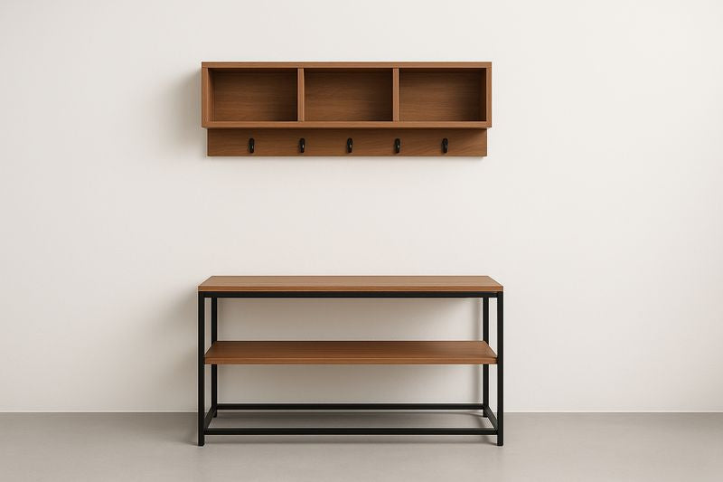 Wood and metal entryway set with shelf and storage bench