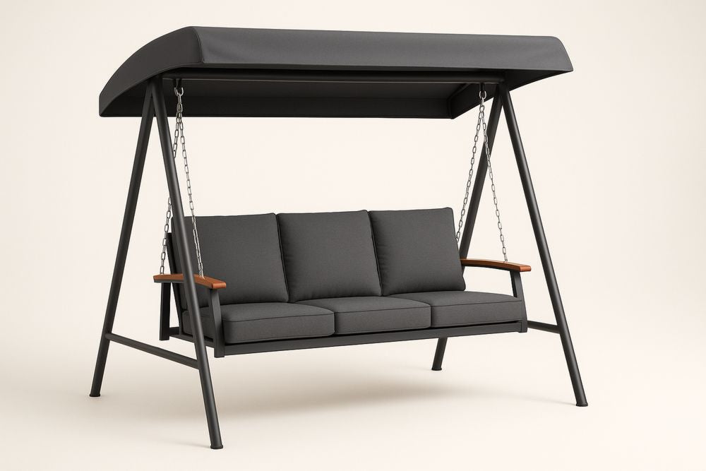Garden swing with grey polyester cushions