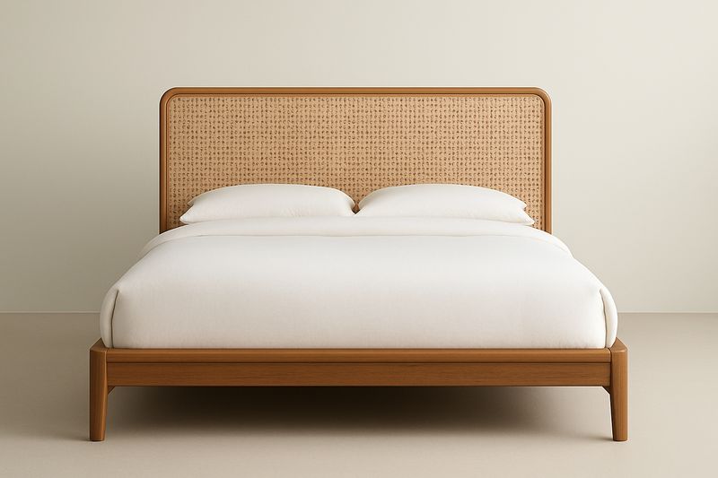 Wooden bed with rattan headboard, 160x200 cm