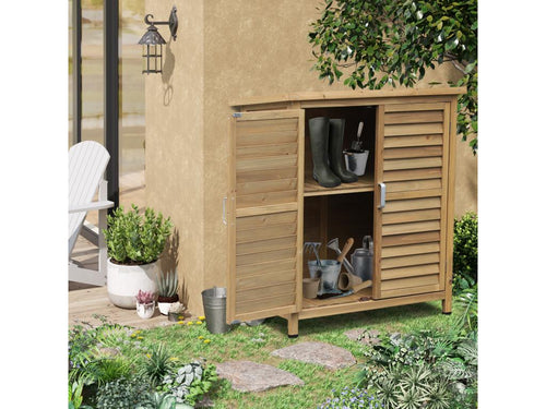 Garden shed, freestanding tool storage unit, dimensions 87L x 46W x 96H cm, with shelves, louvered doors, bitumen roof, and green pressure-treated fir wood.