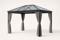 Garden pavilion in aluminium and tempered glass with grey curtains