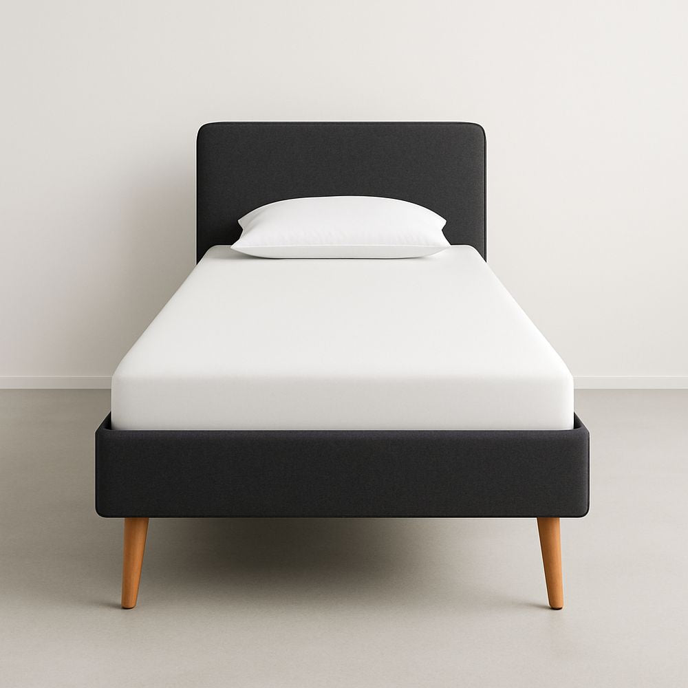 Single bed in polyester fabric with wooden legs, 90 x 200 cm