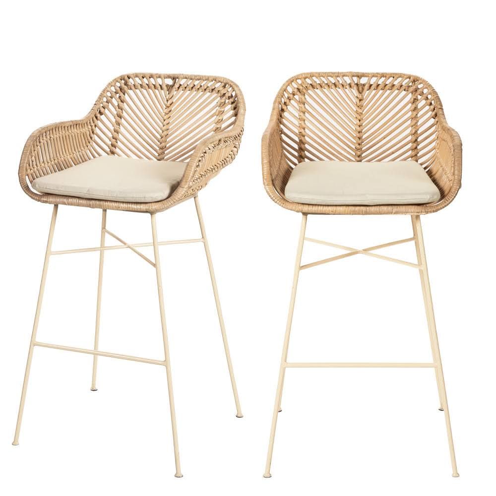 Nunuhai Set of 2 rattan bar stools with beige legs, 68cm high