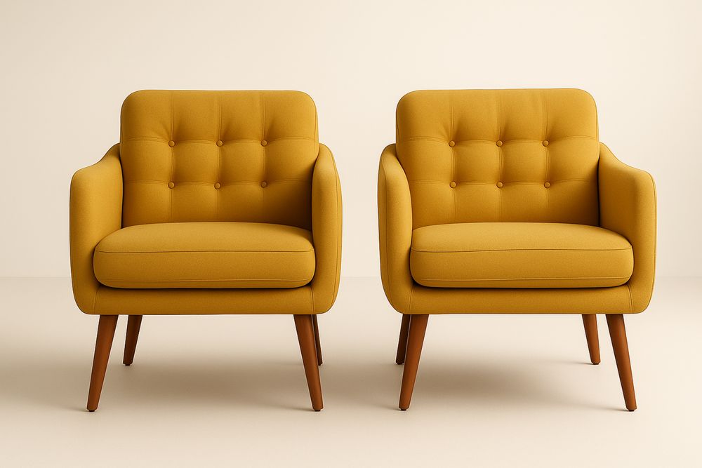 Set of 2 armchairs in yellow polyester fabric with solid wood legs, with cushions