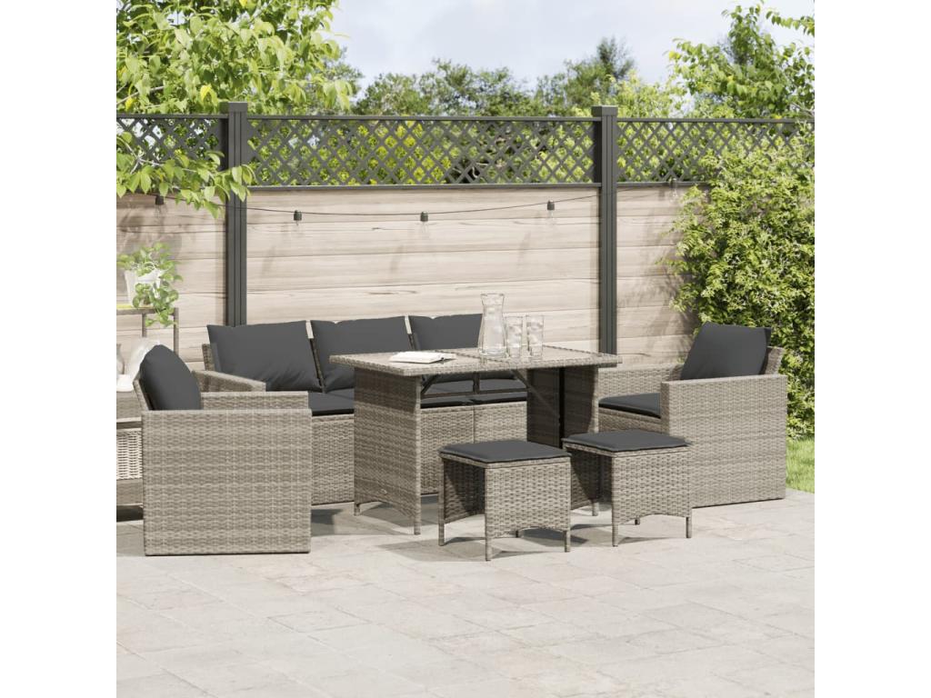 6-piece garden furniture set with light grey cushions, woven resin