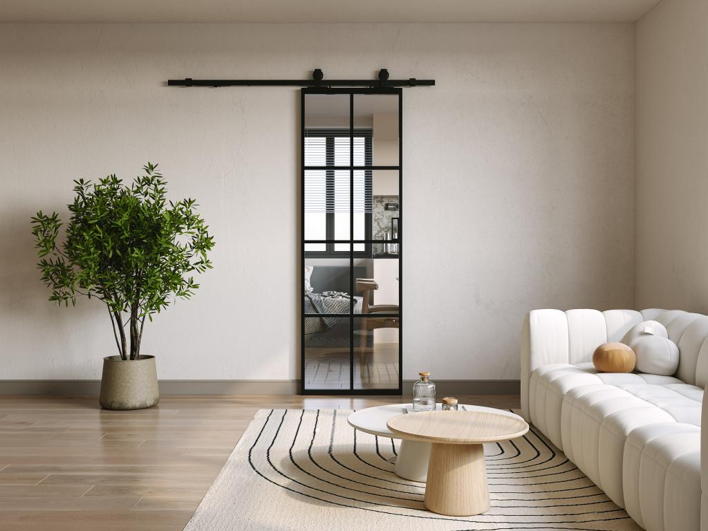 Sliding door with surface-mounted system - aluminum and tempered glass - H205 x W83 cm - Decoauthentic II 